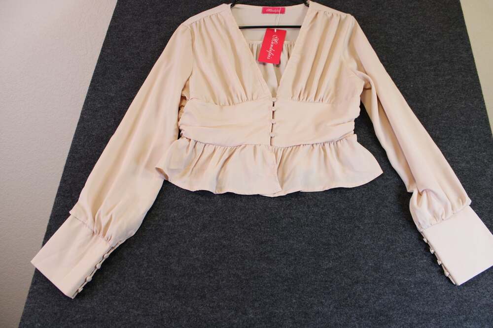 Women's V-Neck Long Sleeve Button-Front Ruffle Peplum Top Beige